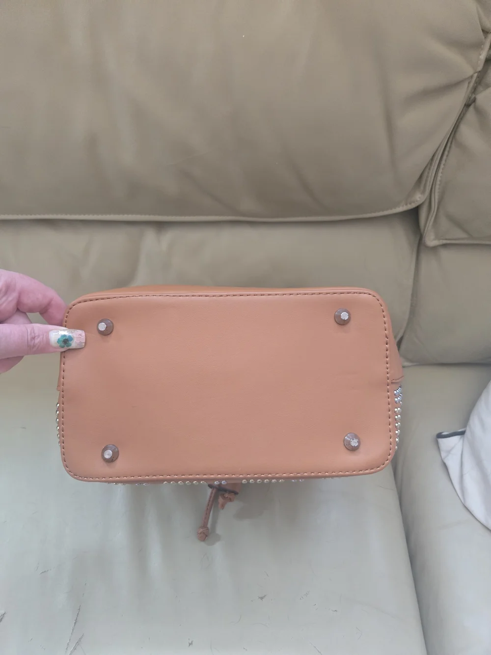 Studded Bucket Hobo Bag in Cognac - Fashion Logo Pattern